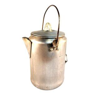 Vintage Aluminum Coffee Percolator Pot With Glass Knob Lid & Wire Handle